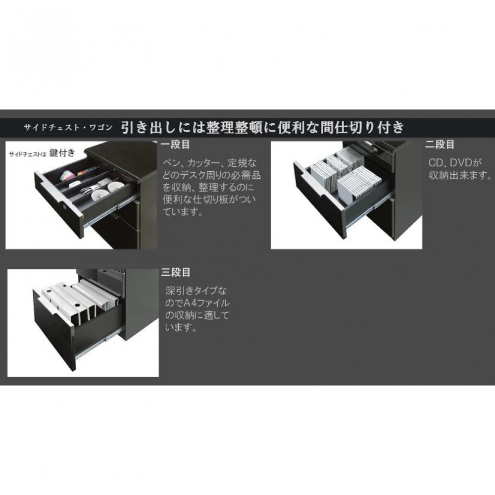 デスク　サイドチェスト　ワゴン　デスクサイズ［１００×４５/１００×６０/１２０×４５/１２０×６０/１４０×４５/１４０×６０］［ホワイト/ブラック］ サムネイル 10